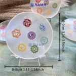 Selenite Plate with 7 chakra symbol image with dimension
