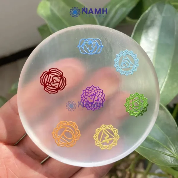 Selenite Plate with 7 chakra symbol