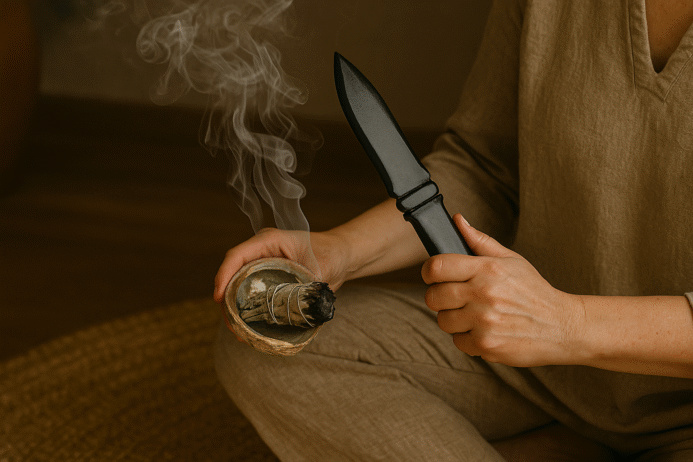cleansing black obsidian knife with sage