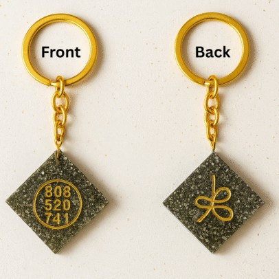 Pyrite Keychain with Zibu Symbol front and back
