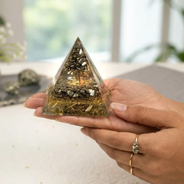 money magnet pyrite tree pyramid in hand