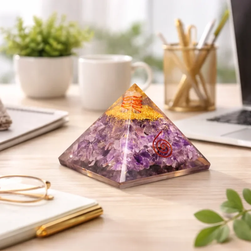 amethyst pyramid placed in a table