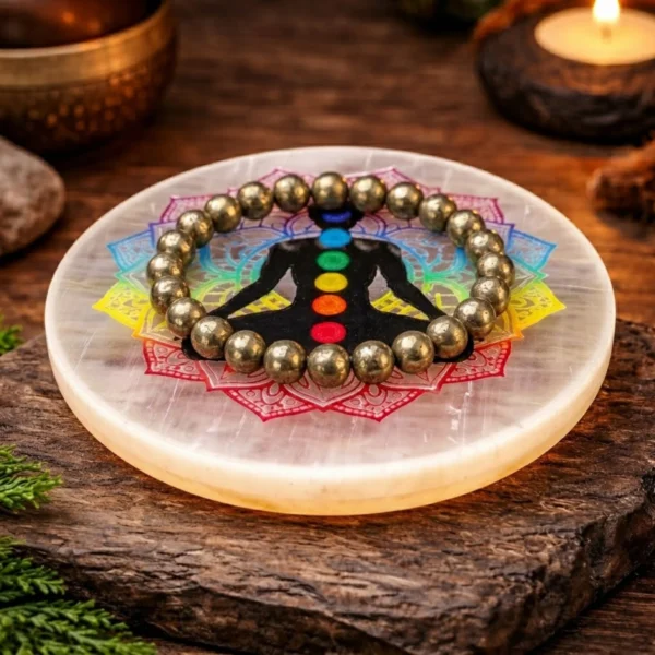 7 chakra seleneite plate with pyrite bracelet
