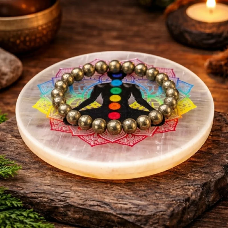 7 chakra seleneite plate with pyrite bracelet