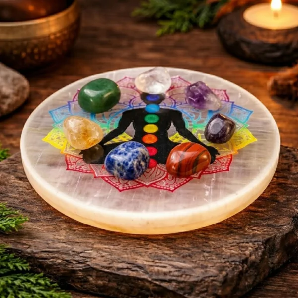 7 chakra selenite plate with raw tumbled stone